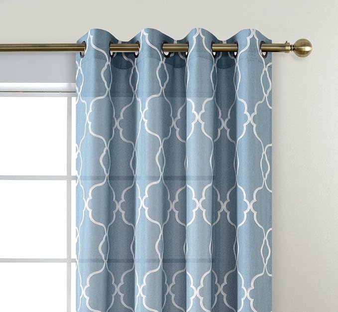 MIUCO Moroccan Embroidered Semi Sheer Curtains Faux Linen Grommet Window Curtain for Living Room 52 x 84 Inch 2 Panels, Dusty Blue