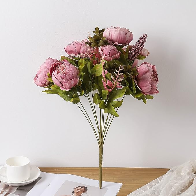 Duovlo Fake Flowers Vintage Artificial Peony Silk Flowers Wedding Home Decoration,Pack of 1 (Sweetened Bean)