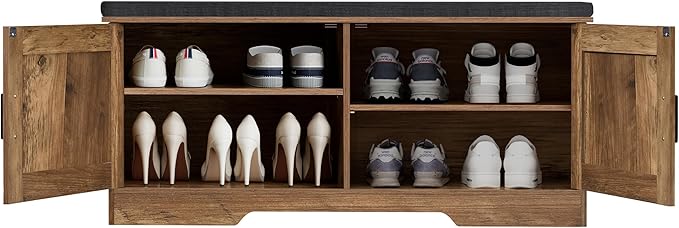 2-Tier Storage Bench, Shoe Bench with Padded Seat Cushion, Entryway Bench with 2 Barn Doors, Adjustable Shelf, 13.8" D x 39.4" W x 17.7" H, for Entryway, Living Room, Bedroom, Rustic Walnut