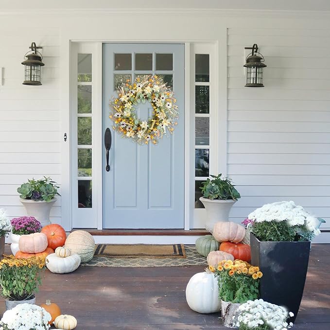 idyllic 20 Inches Spring Summer Front Door Wreath, Yellow and White Daisies Flowers, Ear of Wheat, Green Leaves Wreath for Front Door