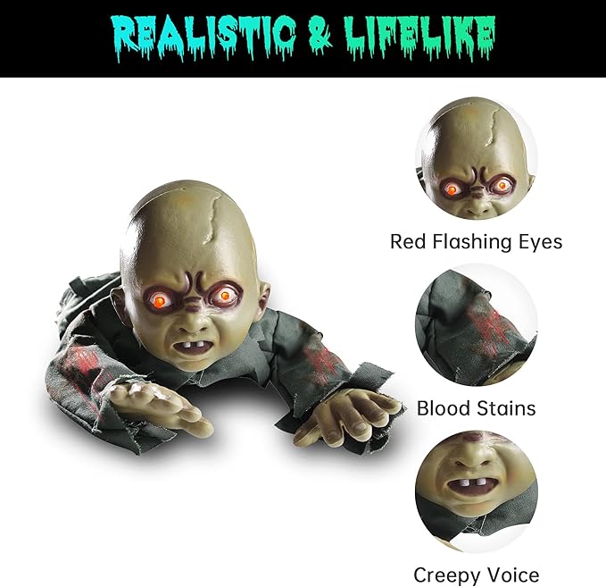 AW Halloween Animated Decoration Crawling Baby Zombie Scary Sound Sensor Activated Ghost Baby Doll Haunted House Flashing Eyes Party Outdoor Decor 2025