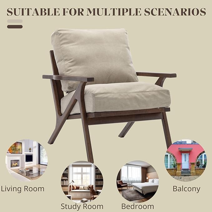 Wahson Mid Century Armchair, Accent Armchair, with Wood Frame and Canvas Cushions, Leisure Slipper Chair for Living Room/Bedroom, Beige
