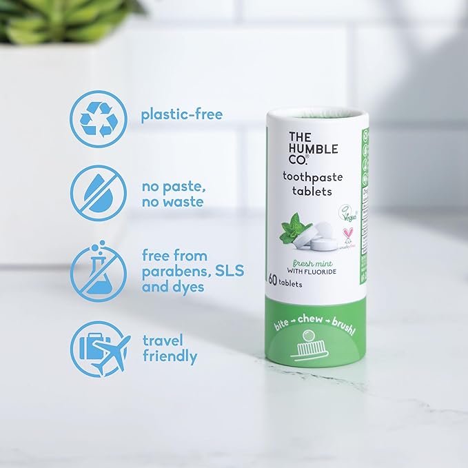 The Humble Co. Mint Toothpaste Tablets, 3 PK – Anticavity Fluoride Toothpaste Tablets with All Natural Ingredients, Dentist Developed Formula - Vegan, SLS Free, Plastic Free (Mint, 180 Count)