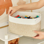 Small Cotton Rope Storage Basket Set of 3-11"x7"x7" Perfect Woven Baskets for Storage, Ideal Storage Baskets for Organizing Toys, Towels, and More - Baskets for Shelves（White & Mixed Camel）