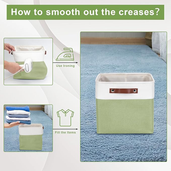 Collapsible Fabric Storage Cubes 11x11 Cube Storage Bins, 4 Pack Closet Baskets Box with Handles for Organizing, Shelf, Toys, Clothes, Home, Office, Nursery (Green&White)