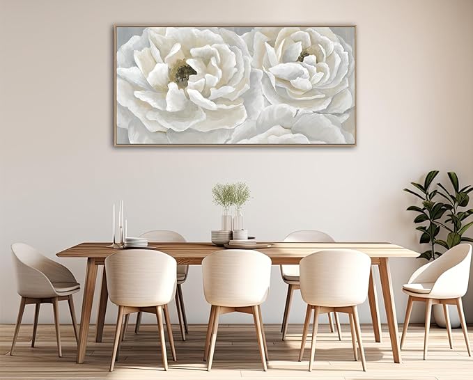 arteWOODS Cream White Flowers Framed Wall Art - Soft Peony Pictures for Wall Decor Elegant Blossom Flower Painting Artwork Botanical Prints for Living Room Home Office Wall Decoration 29" x 58"