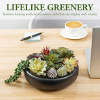 MyGift 8-Inch Artificial Succulent Plant Arrangement, Assorted Fake Plants in Modern Black Round Concrete Planter Bowl