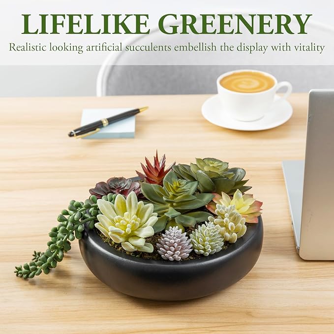 MyGift 8-Inch Artificial Succulent Plant Arrangement, Assorted Fake Plants in Modern Black Round Concrete Planter Bowl