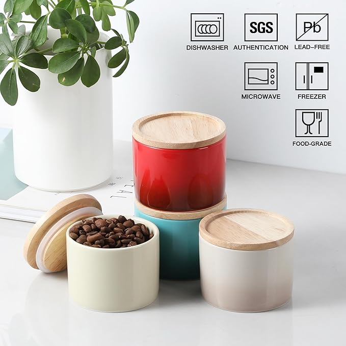 Sweejar Kitchen Canisters Ceramic Food Storage Jar, Stackable Containers with Airtight Seal Wooden Lid for Serving Ground Coffee, Tea, Sugar, Spice and More - 5 Fl Oz(Gradient Gray)