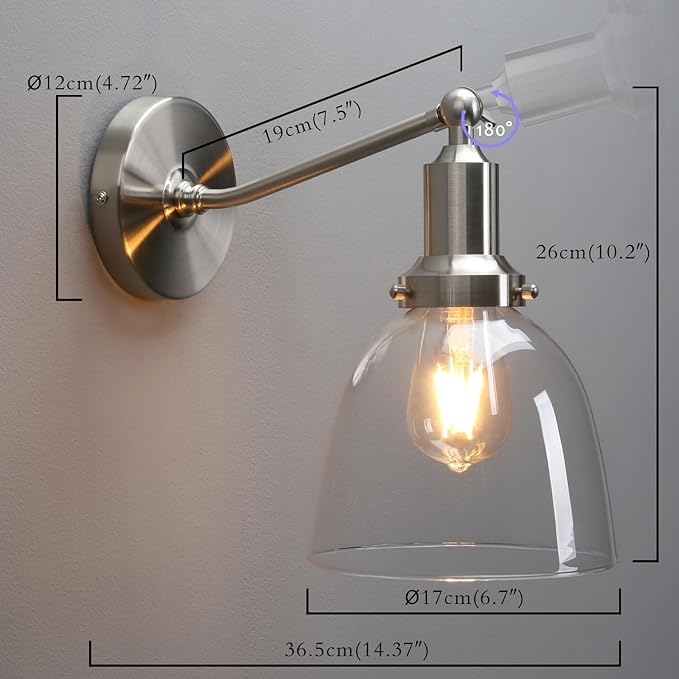 PERMO Industrial Vintage Slope Pole Wall Mount Single Sconce with 6.7" Oval Dome Clear Glass Shade Wall Sconce Light Lamp Fixture (Brushed Nickel)