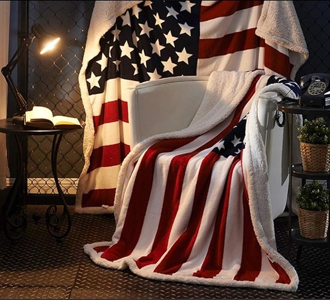 UKELER US Flag Patriotic Sherpa Throw Blanket 50''×60'', American National Flag Fleece Blanket for Bed/Couch/Sofa/Office/Camping, USA Military Veteran July 4th Gift