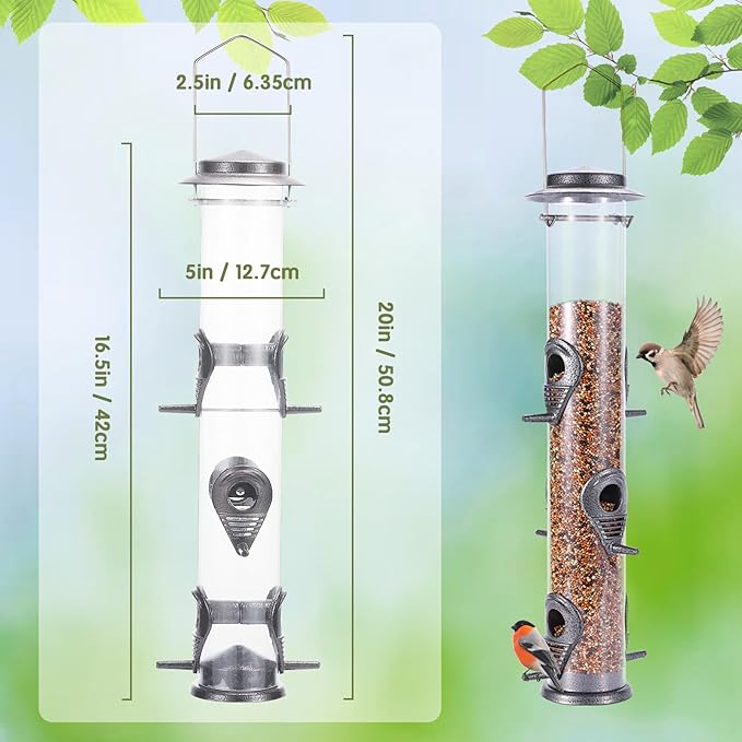 MIXXIDEA 2PK Metal Wild Bird Feeder Squirrel Proof Bird Feeders for Outside Hanging 6 Port Tube Bird Feeder Transparent Finch Feeder with Steel Hanger (Grey)
