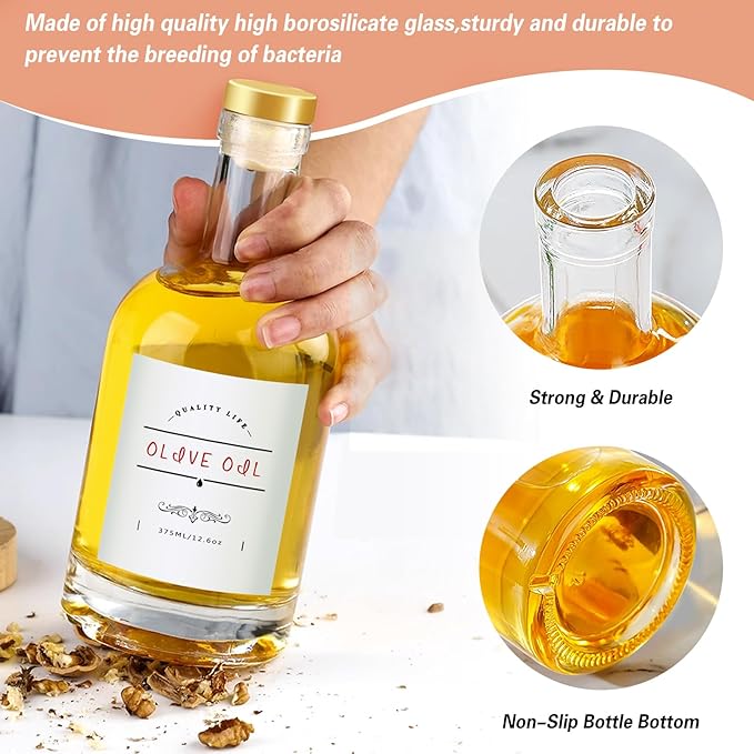 Olive Oil Dispenser Bottle for Kitchen, Clear Glass Oil and Vinegar Dispenser Set, Coffee Syrup Dispenser, Container With Metal Pour Spout, Airtight Lid, Funnel, Waterproof Labels (375ml-4 Pack)
