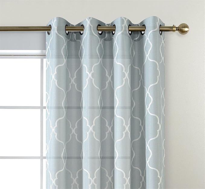 MIUCO Moroccan Embroidered Semi Sheer Curtains Linen Look Grommet Window Curtains for Bedroom 52 x 95 Inch 2 Panels, Sea Foam