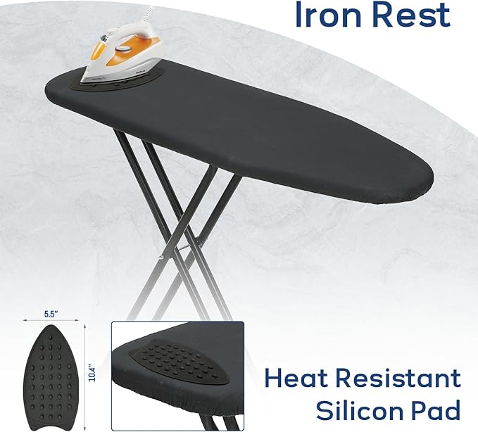 Ironing Board 43x13 with Iron Rest, RAINHOL Compact Iron Board Full Size with Thick Cover and Pad, Easy Storage Hanger with Heat-Resistant Silicone Pad, Space Saving and Height Adjustable, Black
