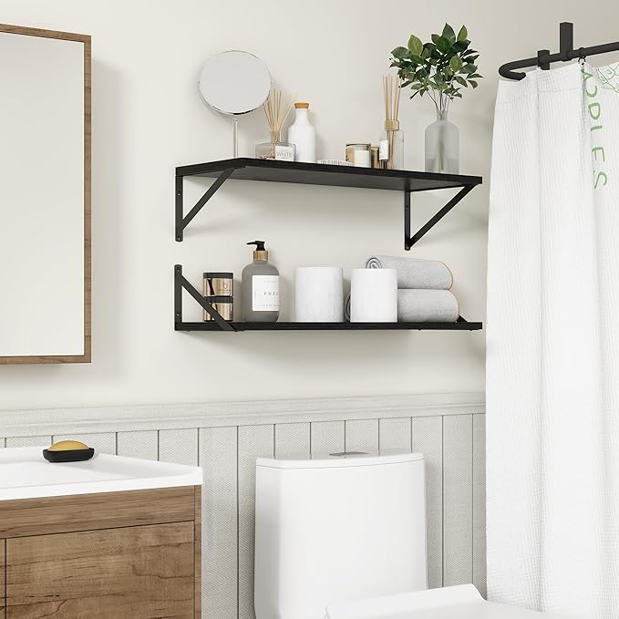 Fun Memories 27.5" W x10 D Floating Shelves, Black Wall Shelf with Brackets, 10 Inch Deep Floating Shelf Set of 2, Large Storage Kitchen Living Room Bathroom Shelves, Wood Wall Mounted Shelf