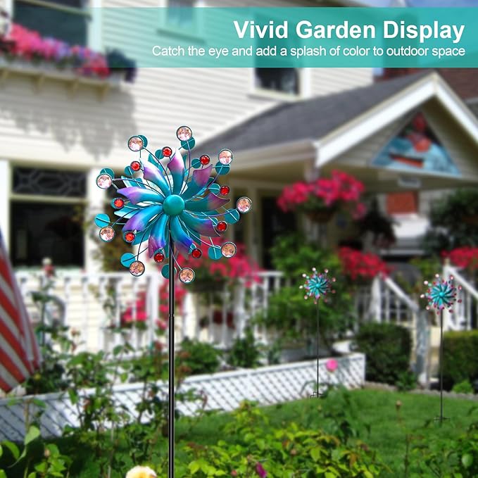 Solar Wind Spinner, 60.63 Inch Outdoor Metal Stake Yard Spinners, Solar Powered Multi-Color LED Glass Ball with Kinetic Wind Sculpture Spinner Windmills for Outdoor Lawn & Garden Decoration