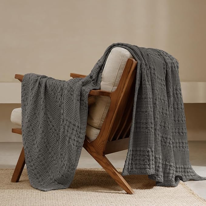 PHF 100% Cotton Waffle Weave Throw Blanket, Soft Lightweight Breathable Cozy Summer Throws for Couch Bed Sofa, Luxury Aesthetic Woven Blanket for Home Decor & Office, 50"x60", Charcoal Grey