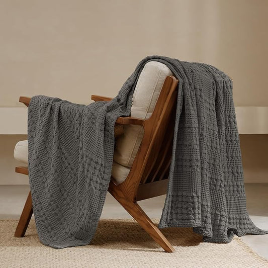 PHF 100% Cotton Waffle Weave Throw Blanket, Soft Lightweight Breathable Cozy Summer Throws for Couch Bed Sofa, Luxury Aesthetic Woven Blanket for Home Decor & Office, 50"x60", Charcoal Grey