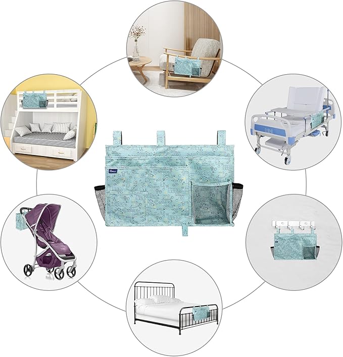Surblue Bedside Caddy Hanging Bed Organizer Storage Bag Pocket for Bunk and Hospital Beds, College Dorm Rooms Baby Bed Rails, Camp 8 Pockets, (Large, Cartoon)