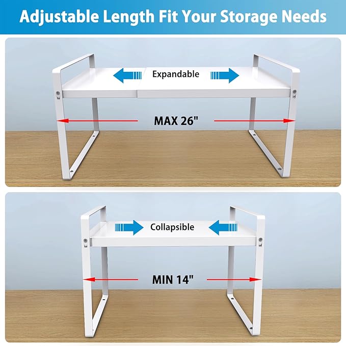 11'' Wide Expandable Cabinet Shelf Organizer Rack Adjustable Length 14''-26'' Pantry Shelf Spice Rack Heavy Duty Nonslip Kitchen Counter Storage Shelves Pantry Cupboard Under Sink Countertop White