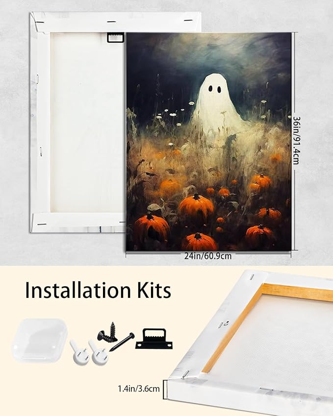 Halloween Canvas Wall Art, Spooky Ghost in Pumpkin Patch Poster, Vintage Gothic Fall Decor, Dark Academia Fall Decor for Living Room, Framed Indoor Halloween Decorations