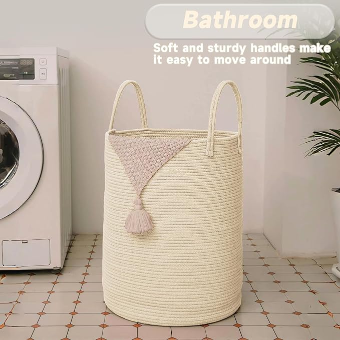 Large Woven Laundry Basket Hamper,60L Cotton Rope Storage Bin for Blankets,Toys and Clothes,Decorative Tall Nursery Hamper for Living Room,Baby Nursery,Bathroom and Bedroom,Beige