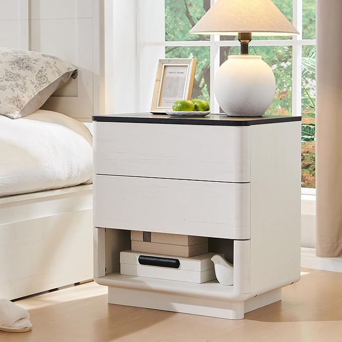 Nightstand with Charging Station, 22" Push-to-Open Bedside Table with 2 Storage Drawers, Large Modern End Table for Bedroom,Living Room,White