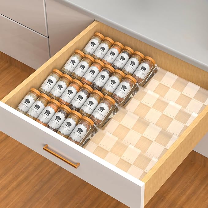 4-Tier Non-Slip Spice Drawer Organizer, 4-Pack Checkered Frosted Clear Acrylic, Expandable (11''-22'') Spice Rack for Kitchen Drawer Storage – Holds Seasonings, Herbs, and Spices (Jars Not Included)