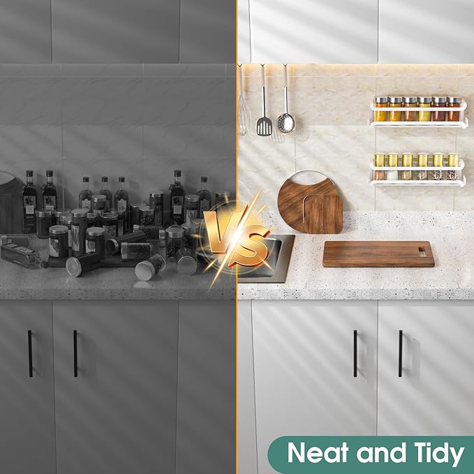 LUCYCAZ 2 Pack Wall Mounted Spice Rack with 16 Hooks, Spice Organizer Shelf for Stove Cabinet Pantry Door,Screw or Adhesive Spice Shelf Hanging Wall Spice Rack in Kitchen and RV (White, 2 PACK)