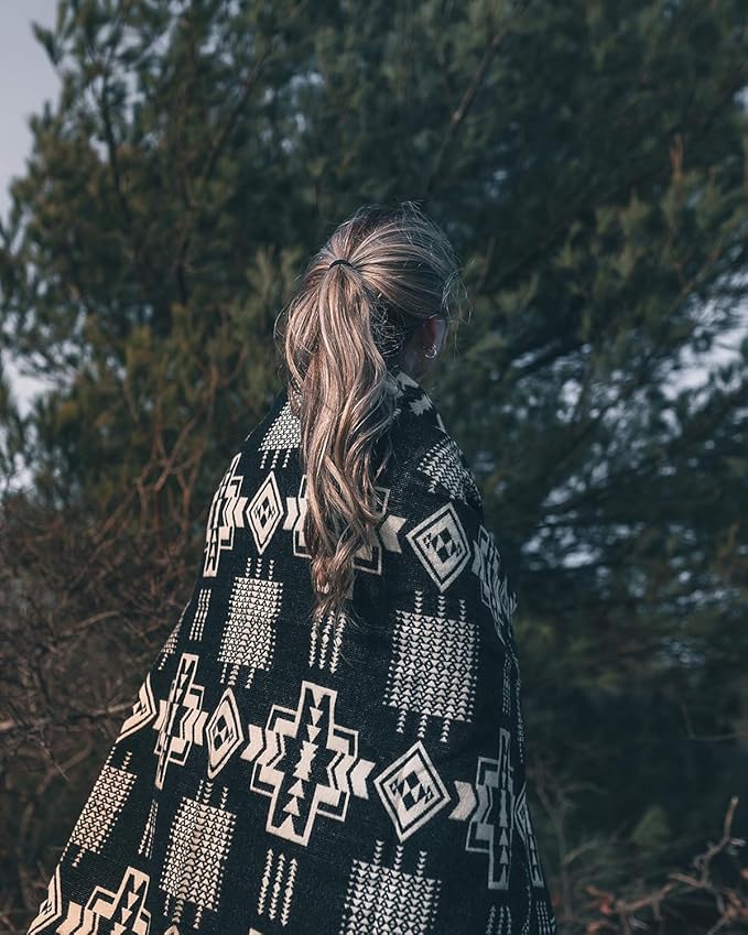Inca Aztec Throw, Queen, King Blanket | Southwest Indian Navajo Boho Style | Native Cover for Camping, Bedding, Couch, Vanlife | Faux Alpaca, Lightweight, Hypoallergenic (Obsidian Black, King)