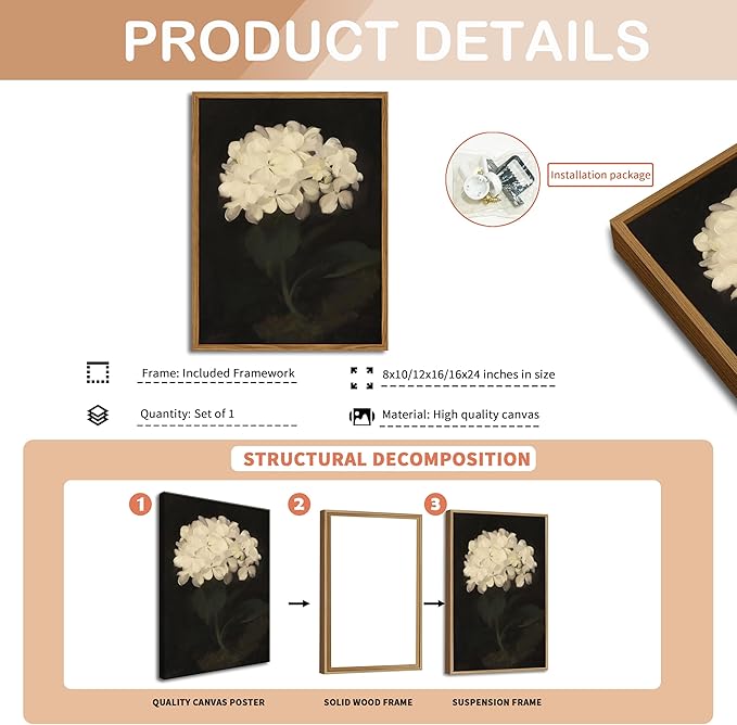 Framed Wall Art for Living Room – Vintage White Hydrangea Oil Painting Canvas Prints, Aesthetic Bedroom Wall Art, Kitchen Decor for Shelves, Bathroom Office Artwork Wall Decor – 16x24in
