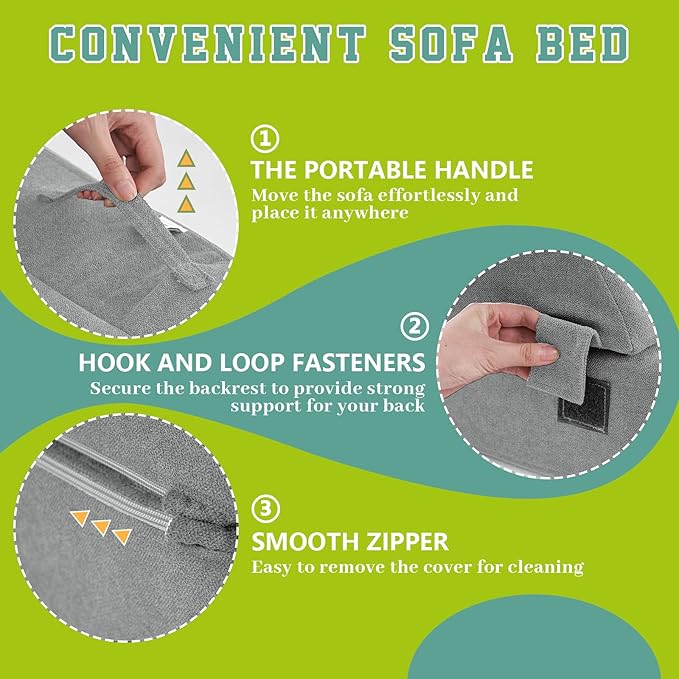 jela Foldable Sofa Bed Soft Foam Convertible Sleeper Chair Luxury Miss Fabric Fold Out Chair Bed Floor Couch with Back Support Floor Sofa for Living Room Bedroom (83"x33",Light Grey)
