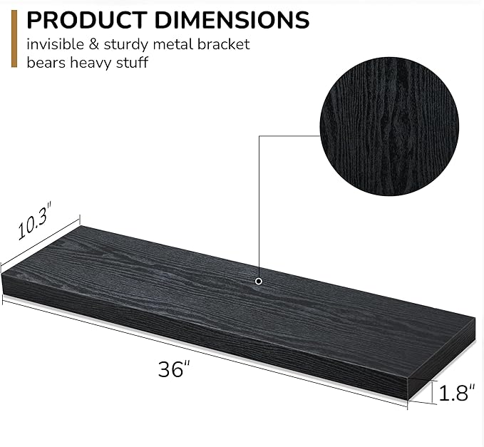 Floating Shelves - 10.3 Inch Deep Wall Shelf for Decor & Storage - Wall Mounted Display Shelving with Invisible Heavy-Duty Metal Bracket - 36" W x 10.3" D x 1.8" H - Set of 1 - Rustic Black