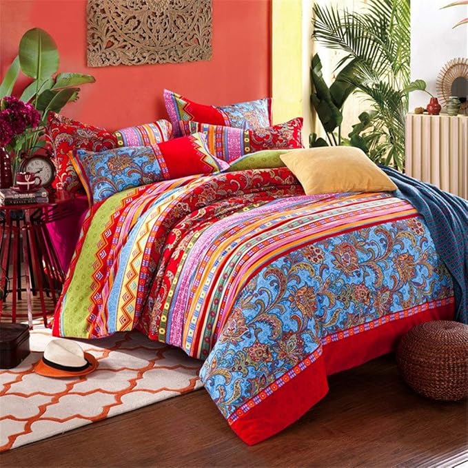 ABREEZE Bohemian Duvet Cover Set Colorful Red Boho Retro Bedding Set Damask Paisley Cotton Duvet Cover Tribal Reversible Bedding Exotic Style Comforter Cover 3-Piece King