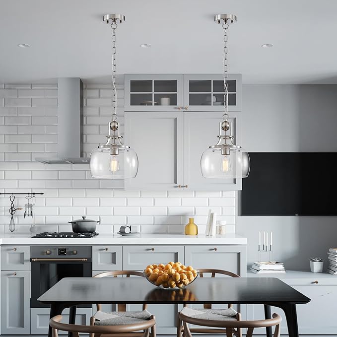 WUZUPS Chandelier Rustic Farmhouse Industrial Round Ceiling Pendant LED Light Fixture with Clear Glass Shades for Dining Room Kitchen Island Foyer Entryway, H 13" x W 10", E26 Base, Brushed Nickel