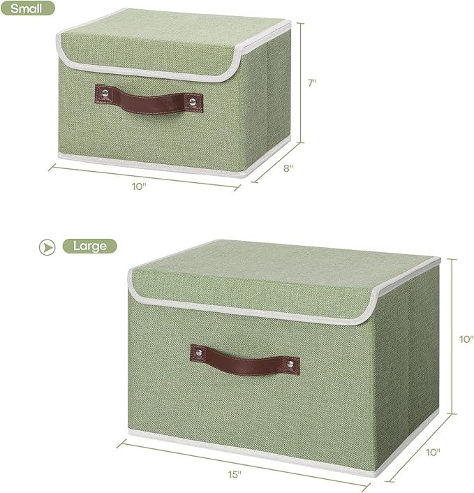 ANMINY Storage Bin with Lid Storage Boxes with PU Leather Handles PP Plastic Board Decorative Foldable Lidded Cotton Linen Fabric Home Cubes Baskets Closet Organizer Container - Green, Large Size