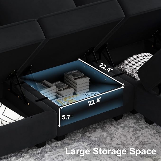 Belffin Modular Sectional Arm Accent Chair with Storage Seat Velvet Armchair Single Sofa Club Chair Black
