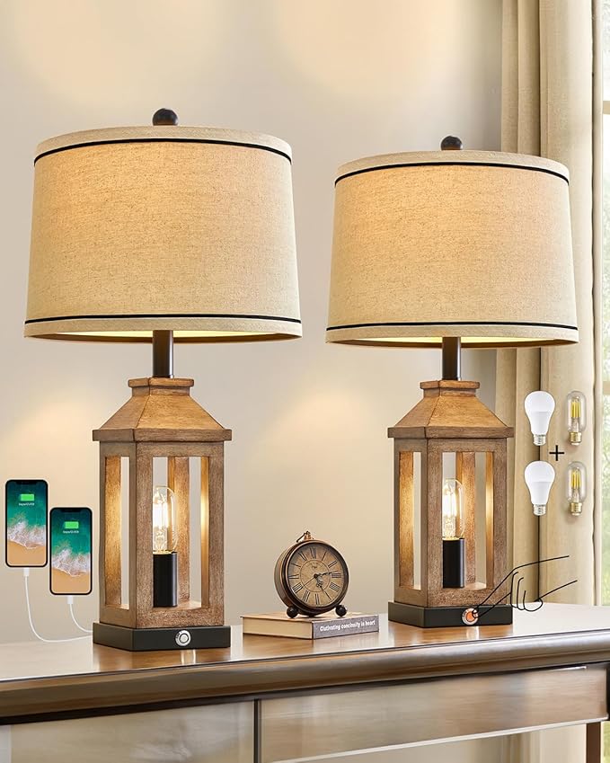 23.75" Farmhouse Dual USB Charging Ports 3-Way Dimmable Touch Control Table Lamp with Nightlight Vintage Modern Lamps for Living Room Bedroom