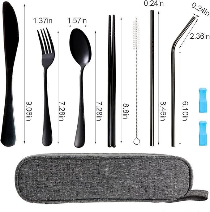 Travel Utensils Set with Case Reusable Portable Cutlery Set Stainless Steel 8pcs Including Dinner Knife Fork Spoon Chopsticks straws(Black)