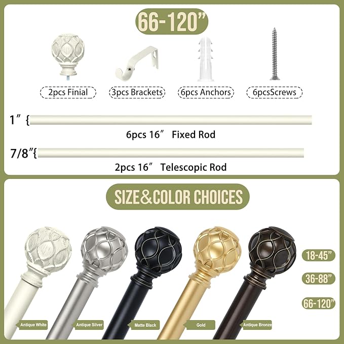 White Farmhouse Curtain Rods for Windows:66-120" Heavy Duty Adjustable Curtain Rod for Bedroom Living Room,Boho Decorative Rustic Drapery Rods with Vintage Coastal Texture Finial,Antique White