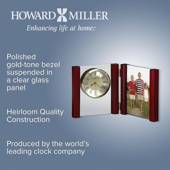 Howard Miller Alex Tabletop Clock, Wood Finish Side Columns Golden Analog Display | Battery Powered Quartz Alarm Movement Crystal Clock, Perfect for Office Room and Home Decor