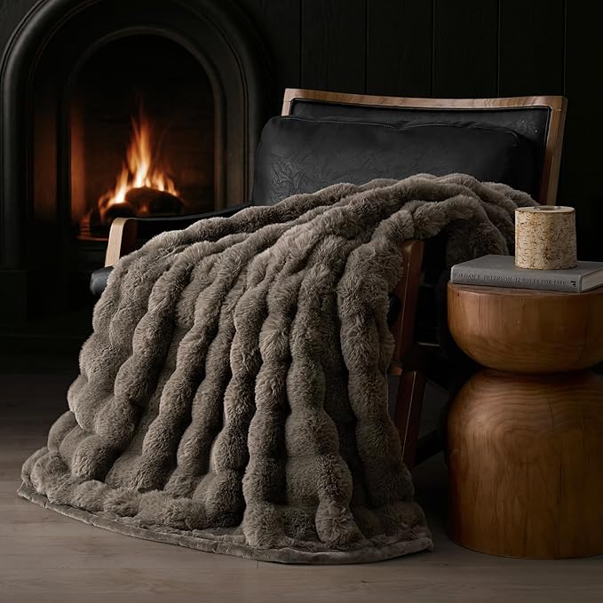 EVERGRACE Ultra Soft Luxury Fluffy Faux Rabbit Fur Throw Blanket, Thick Warm Fuzzy Blankets for Bed, Cozy Plush Reversible Blanket for Couch, Chair, Sofa, Dark Taupe, 50x60 Inches, 870 GSM