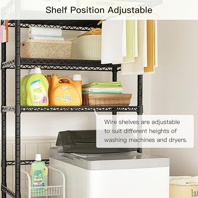 Ulif U11 Over Washer and Dryer Shelves, 3 Tiers Laundry Room Storage and Organizer Standing Shelf, Metal Freestanding Clothes Drying Rack, 33.9" W x 19.7" D x 77.6" H, Black