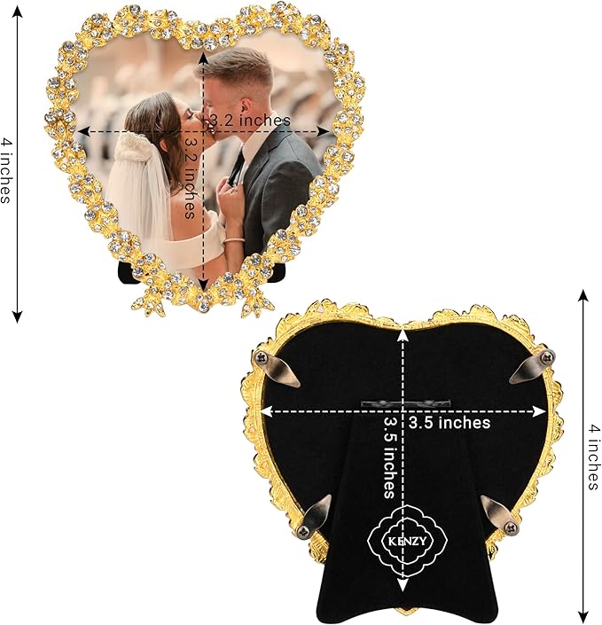 Heart Shaped Wedding Picture Frames for Couple - Beaded Crystal 4x4 Picture Frame – Engagement Gift, Wedding Gift for newlyweds - Fits 3.5x3.5 photo - Valentine Picture Frame (Golden)