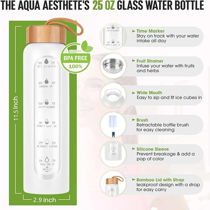 Aqulea Glass Water Bottles 25 Oz with Silicone Sleeve - BPA Free Reusable Wide Mouth Glass Motivational Water Bottles with Fruit Infuser – Leak Proof Borosilicate Water Bottle with Time Marker (White)