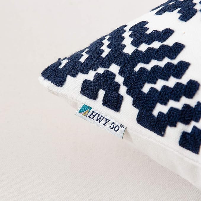 HWY 50 Navy Blue Decorative Throw Pillow Covers 18x18 Inch, Pack of 2 Embroidered Cotton Farmhouse Cushion Cover Pillow Case for Sofa Couch Living Room Bed Bedroon, Diamond Geometric Design