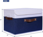 ANMINY 4PCS Storage Boxes with Lid Washable Decorative Storage Bin Basket with PU Leather Handle Foldable Linen Fabric Storage Cube Container for Home Closet Organizer - Deep Blue White, Large Size