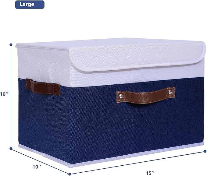 ANMINY 4PCS Storage Boxes with Lid Washable Decorative Storage Bin Basket with PU Leather Handle Foldable Linen Fabric Storage Cube Container for Home Closet Organizer - Deep Blue White, Large Size
