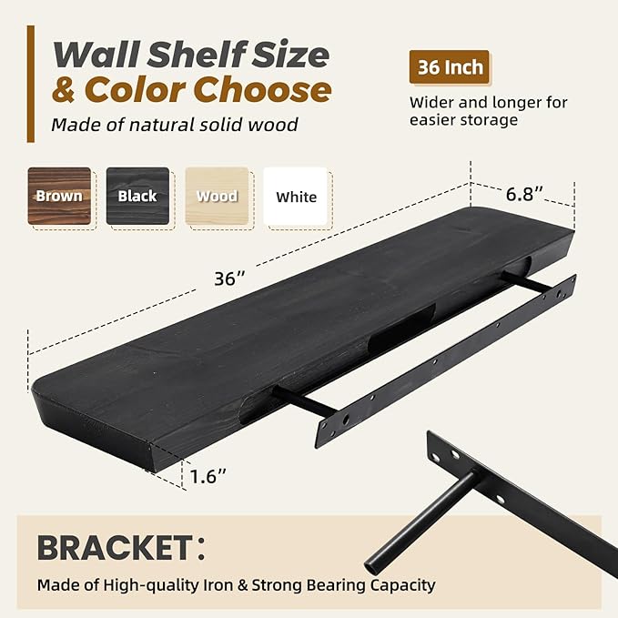 36"x6.8"x1.6" Slanted Floating Wall Shelves 2-Pack - Rustic Black Finish, Heavy-Duty Solid Wood Design with Hidden Brackets - Perfect for Living Room, Kitchen, Bathroom, or Office